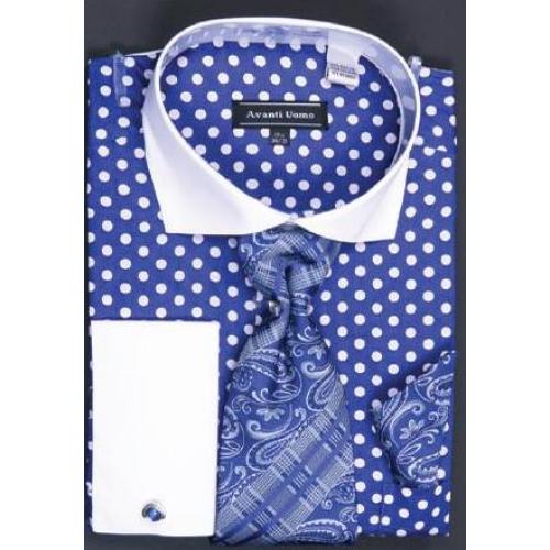 Avanti Uomo Blue / White Polka Dot Design 100% Cotton Shirt / Tie / Hanky Set With Free Cufflinks DN47M